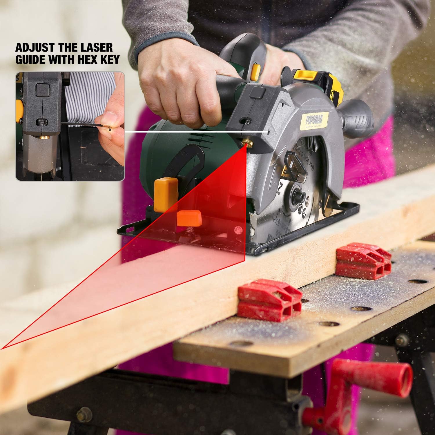 POPOMAN Cordless Circular Saw, 4300 RPM, 20V 4.0Ah Battery, Fast Charger, 2 x Blade(6-1/2"), Adjustable Cutting Depth 2-1/16"(90°), 1-3/8"(45°), Laser & Base Plate Adjustable - MTW300B - - 