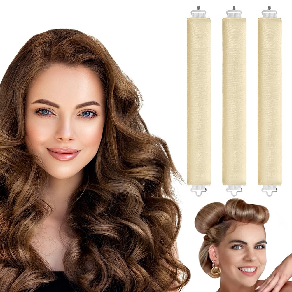 LOPHE 3 Pcs Heatless Hair Curler, Heatless Curls Blowout Rods Headband for All Hair Types, Soft Hair Roller Rods with Hook, Overnight Heatless Hair Curlers, Women Long Hair Styling Tools, Beige