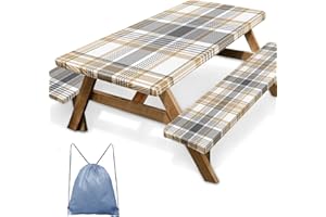Britown Picnic Table Cover with Bench Covers Elastic Edges, Plaid Beige Fitted Table Cover, Outdoor Patio Camping Essentials 72 Inch 3PCS, Waterproof Camping Fitted Tablecloth with Drawstring Bag
