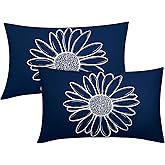 Spring Summer Daisy Flowers Lumbar Pillow Covers 12X20 Inch Navy Blue Floral Bloom Decorative Pillow Cases Seasonal Modern Cotton Linen Throw Pillows Set of 2 Farmhouse Home Decor For Sofa Couch