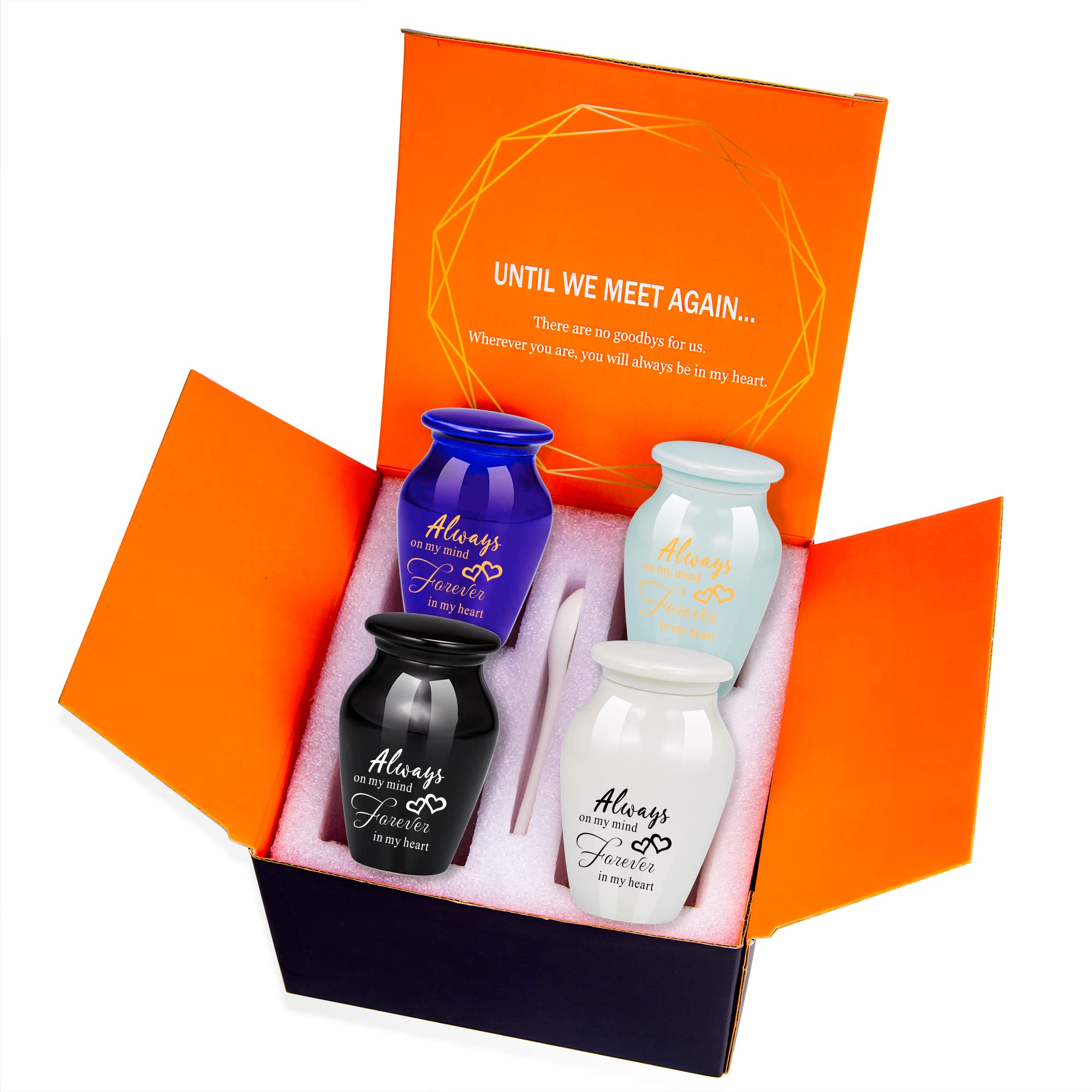 4pcs Small Urns for Ashes Cremation Urns for Pet Ashes Memorial Keepsake Urns Ceramic Sharing Funeral Urn-Premium Box & Spoon Included (Always On My Mind Forever In My Heart)