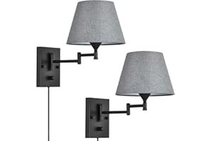 Pauwer Plug in Wall Sconce Set of 2 Swing Arm Wall Lamp with Plug in Cord and Grey Fabric Shade Wall Light Fixtures for Hallway Bedroom Living Room