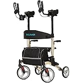 ELENKER Upright Walker, Stand Up Folding Rollator Walker with 10” Front Wheels Backrest Seat and Padded Armrests(Champagne)