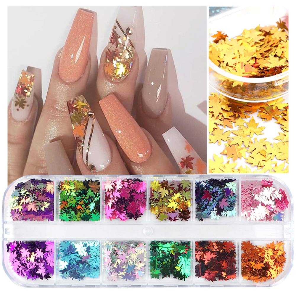 Macute Fall Nail Art Glitters Maple Leaf Nail Sequins, 12 Grids Autumn Leaf Shape Flakes Holographic Gold Red Maple Leaves Paillettes Designs for Nails Gel Polish Supplies Manicure Tips Decorations : Beauty