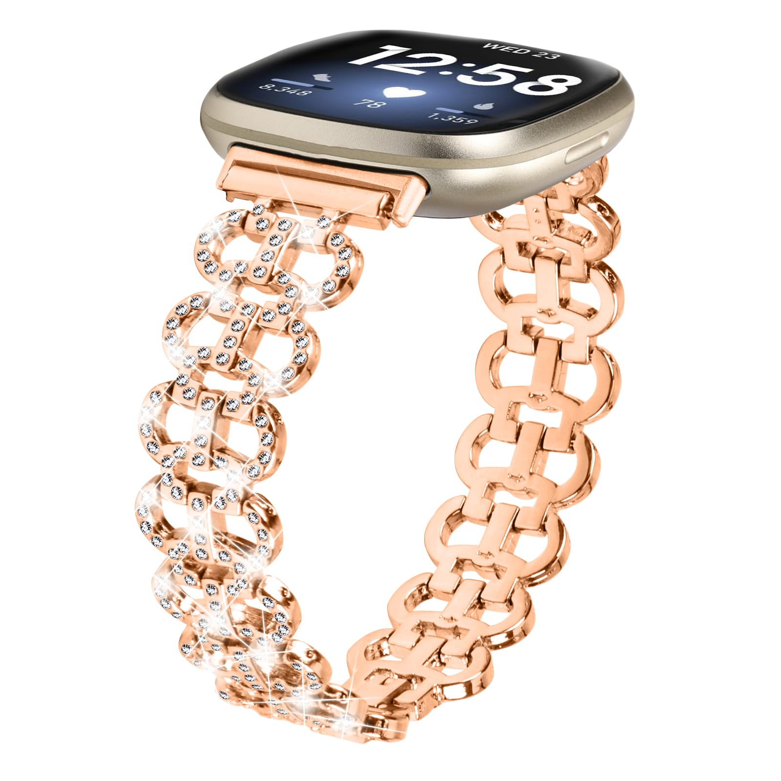 Miimall Compatible with Fitbit Versa 4 Bling Strap, Fitbit Versa 3 Sparking Glitter Band for Women Girl, Crystal Diamonds Replacement Zinc Alloy Metal Wristband for Fitbit Sense 2/Sense-Rose Gold