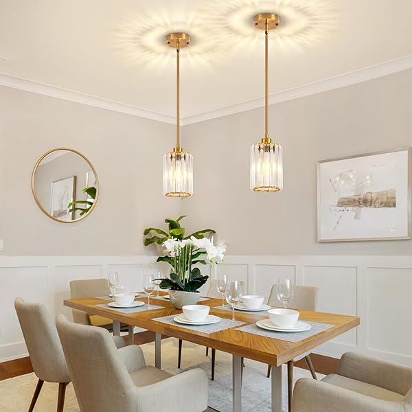 3 PACK BRUSHED GOLD PENDANT LIGHTS KITCHEN ISLAND, MODERN CRYSTAL PENDANT LIGHTING OVER ISLAND KITCHEN LIGHT FIXTURES HALLWAY CEILING LIGHTS ADJUSTABLE HANGING PENDANT LIGHT FOR BATHROOM FOYER