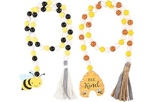 Bee Wood Bead Garland with Tassels,YuanDe 2pcs Farmhouse Rustic Honeycomb Wood Beaded Garland,Tiered Tray Decorations for Vase Tiered Tray Spring Summer Home Decor Gift 40"&40"