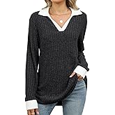 BAISHENGGT Women's Contrast Collared Shirts Casual Long Sleeve Ribbed Fall Tops Lightweight Tunic Sweaters