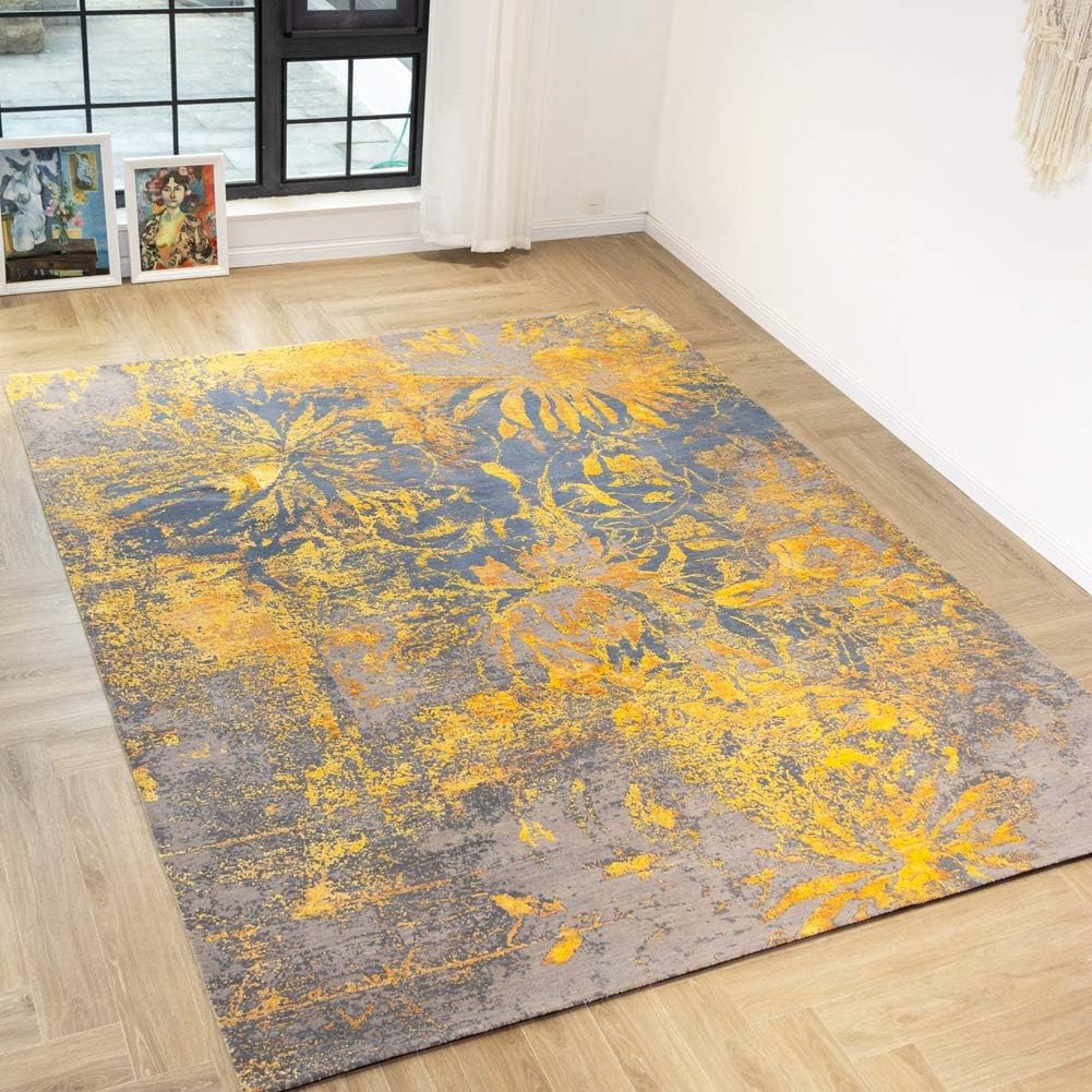 Yilong Carpet 7.9'x10' Large Hand Knotted Wool Rug Contemporary Luxury Handmade Indian Wool Silk Carpets 2.42mx3.05m(Yellow&Gray-Blue)