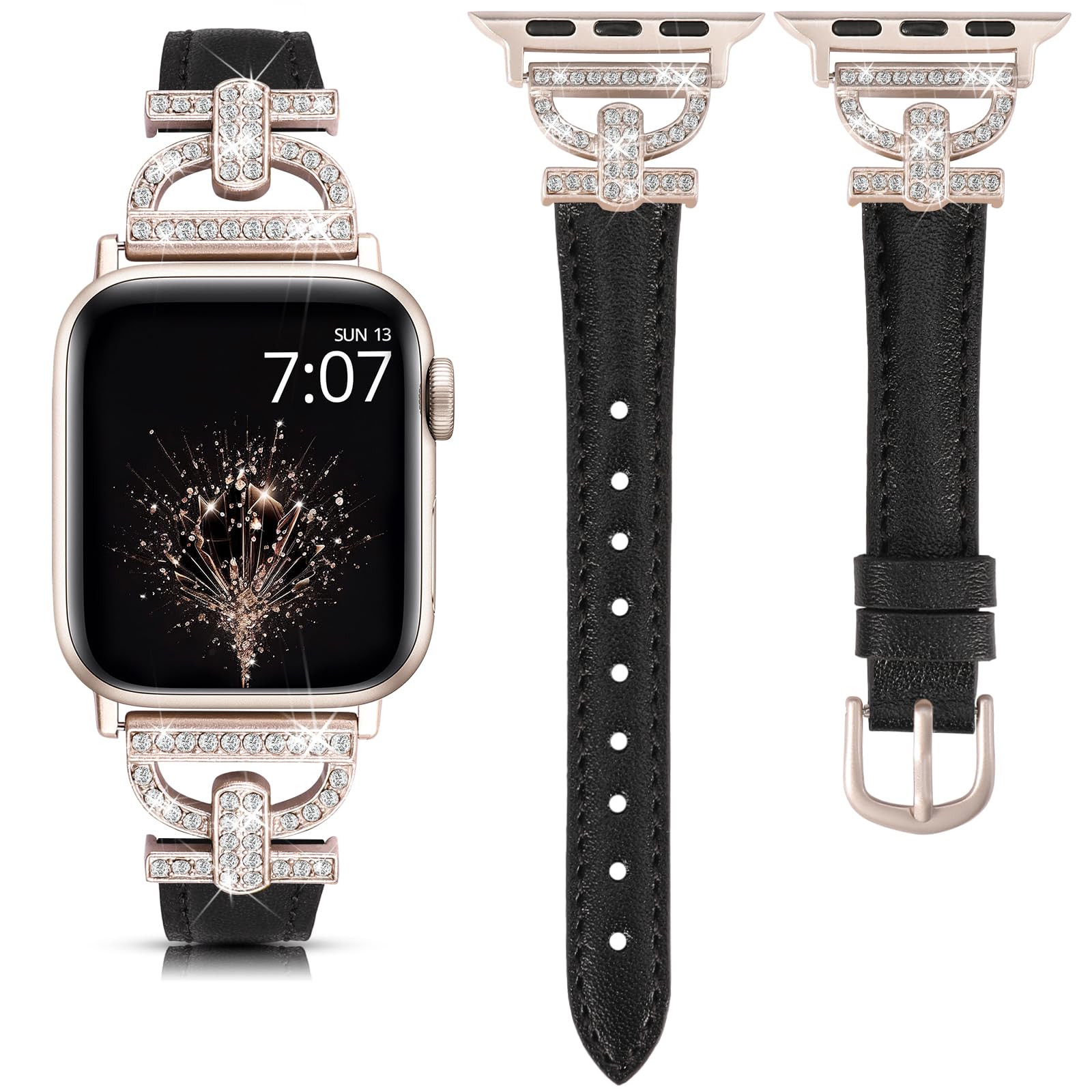 Photo 1 of TOYOUTHS Leather Band Compatible with Apple Watch Band Women 42/44/45/46/49mm Dressy Slim Thin Strap Cute D-Shaped Buckle Bracelet for iWatch Series 11 10 9 8 7 6 5 4 SE/Ultra 3 2 1, Black/Starlight