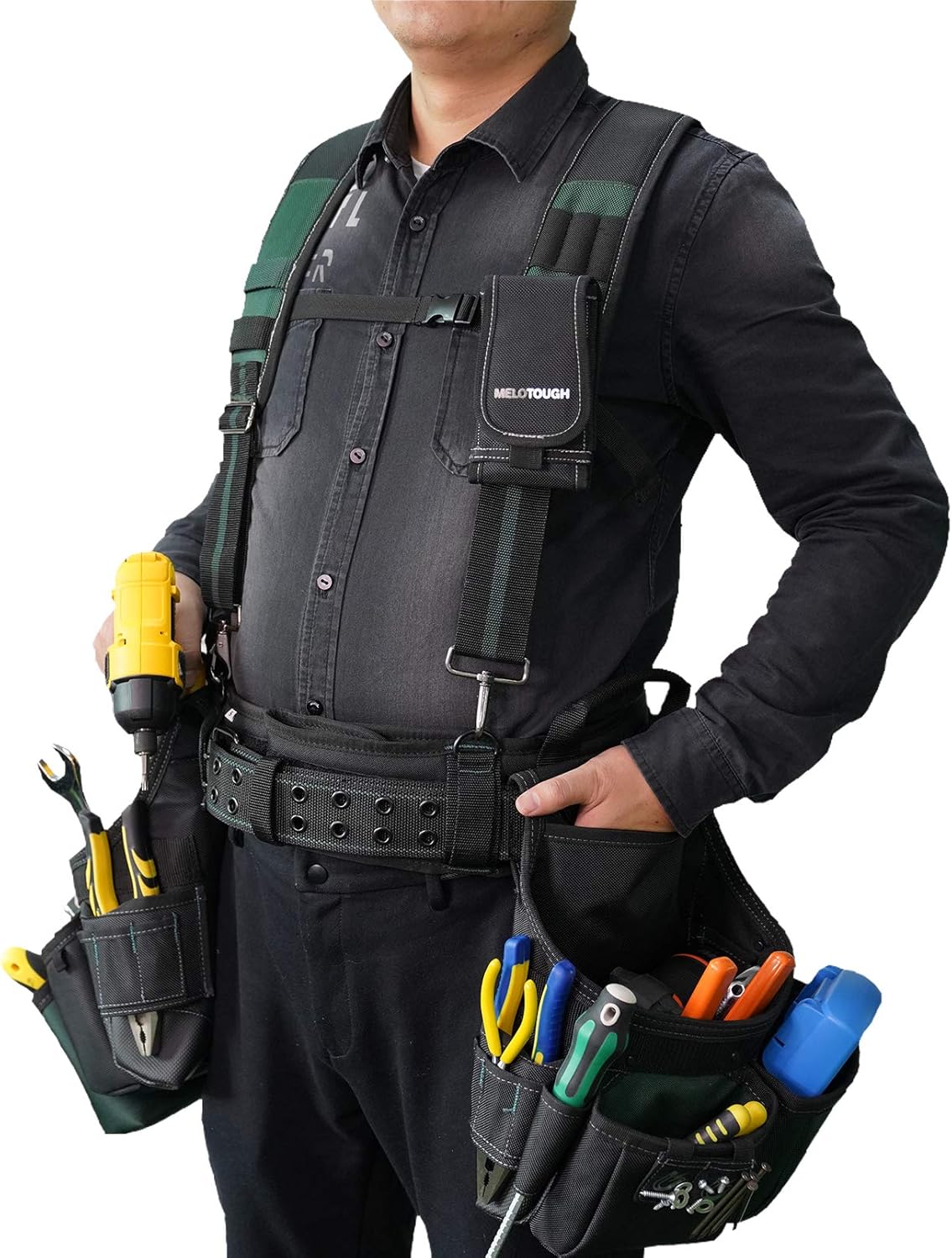 MELOTOUGH 28-Pocket Pro Framer's Combo Apron Tool Belt and Heavy Duty Padded Suspenders with Magnetic Desinger for Technician/Maintenance/Carpenter/and Electrician's Tools(Olive Green)… - - 