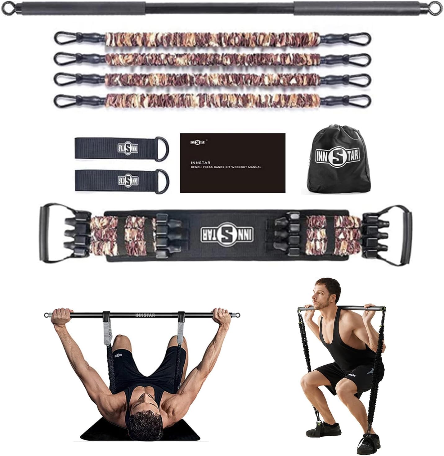 INNSTAR Portable Home Gym Set with Workout Bar, Bench Press Set, Squat Resistance Band, Door Anchor and More-Full Body Workout Equipment to Build Muscle and Shape Body (Camo Brown-200lbs)