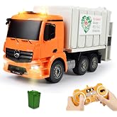 DOUBLE E Benz Licensed Remote Control Garbage Truck Electric Recycling Toy Set with Trash Bin Real Lights Rechargeable Waste Management Trash Truck Toys Gift for Kids