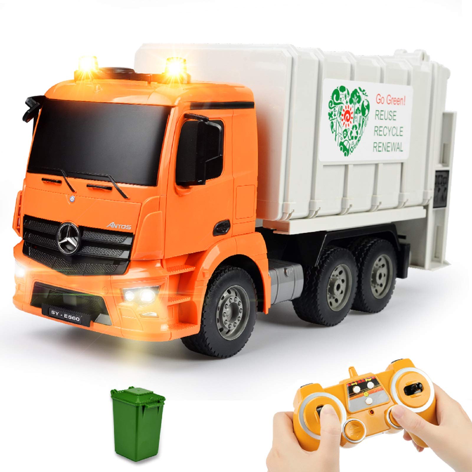 Photo 1 of DOUBLE E Benz Licensed Remote Control Garbage Truck Electric Recycling Toy Set with Trash Bin Real Lights Rechargeable Waste Management Trash Truck Toys Gift for Kids