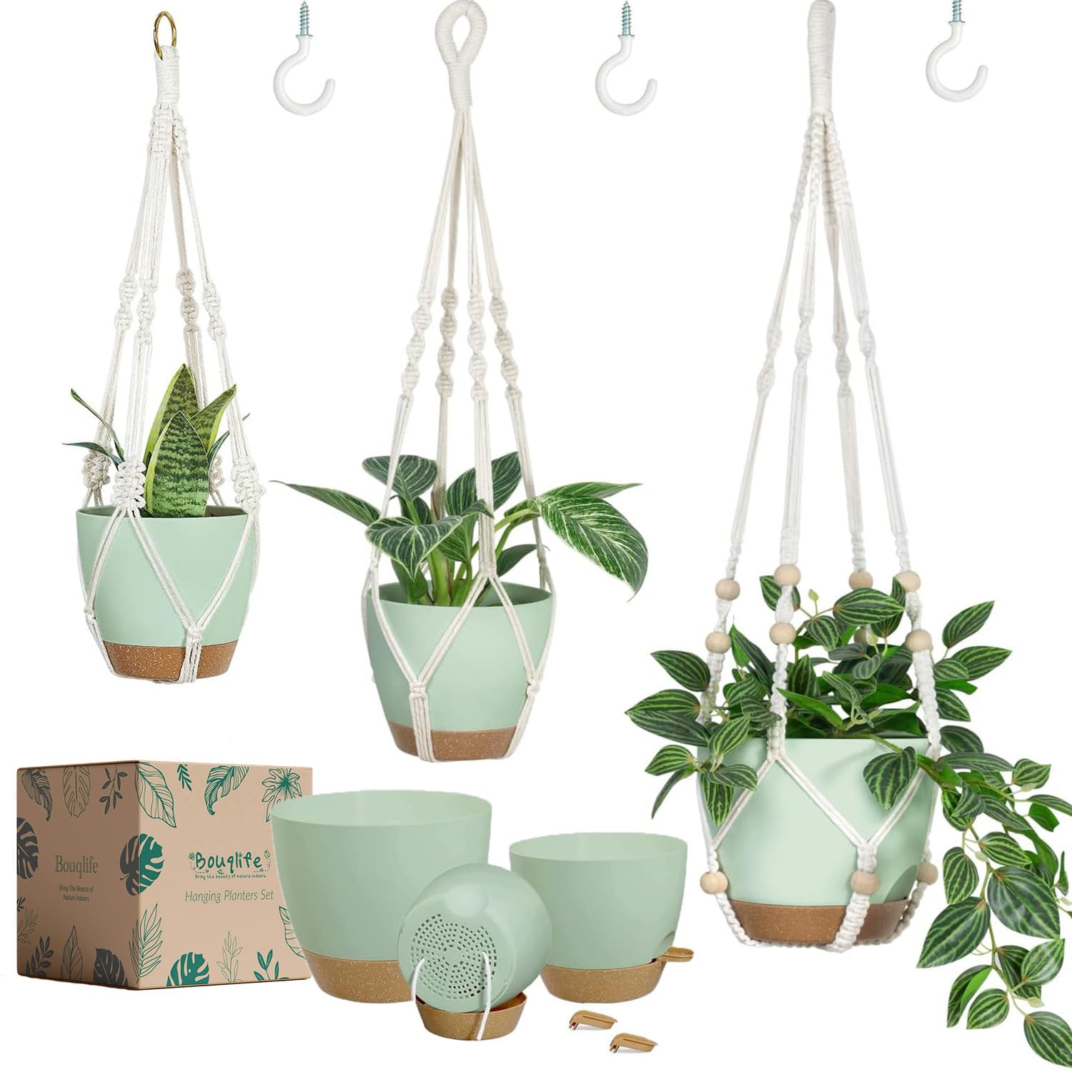 Photo 1 of Bouqlife Self Watering Hanging Planters for Indoor Plants 3 Pack Macrame Plant Hangers with Drainage Holes Pots and Hooks for Home Garden Decor Green