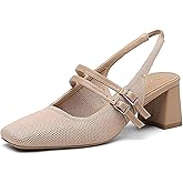 NEWBELLA Women's Low Heel Mary Jane Pumps - Chunky Slingback Dress Shoes with Square Toe & Buckle Strap for Wedding/Bridesmaid/Office