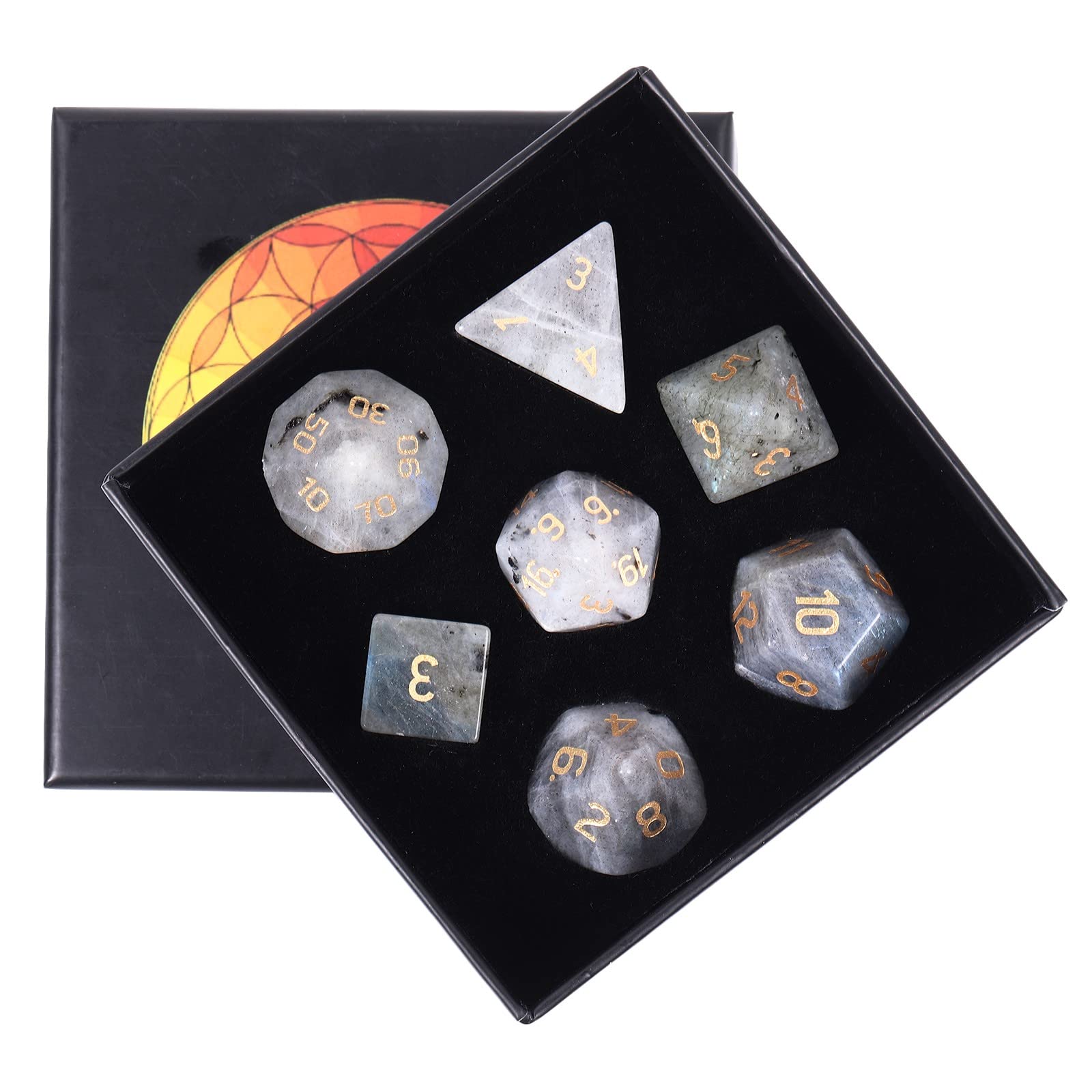 KYEYGWO Labradorite Crystal Stone Polyhedral Dice Set, 7 Pieces Gemstone Dice for Dungeons and Dragons RPG DND, DND Gifts for Men Women — image 1