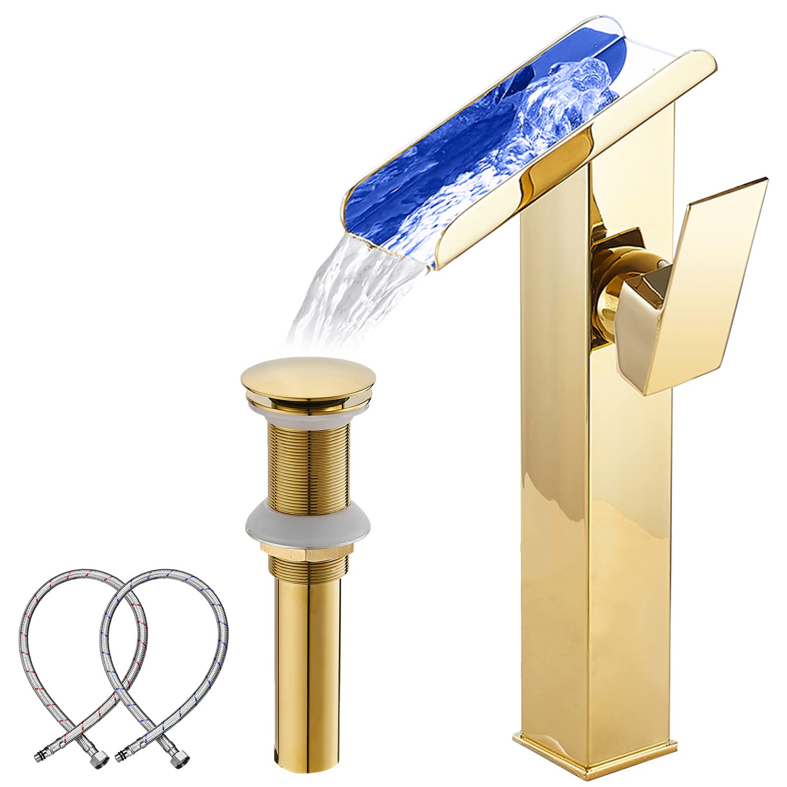 Photo 1 of ***SEE CLERK COMMENTS*** Bathroom Vessel Faucet Gold Waterfall Open Spout Basin Faucet Led Color Changing by Temperature for Bowl Sink with 1Hole Right Handle Without Overflow Pop Up Drain Stopper Supply Hoses Lavatory Basin