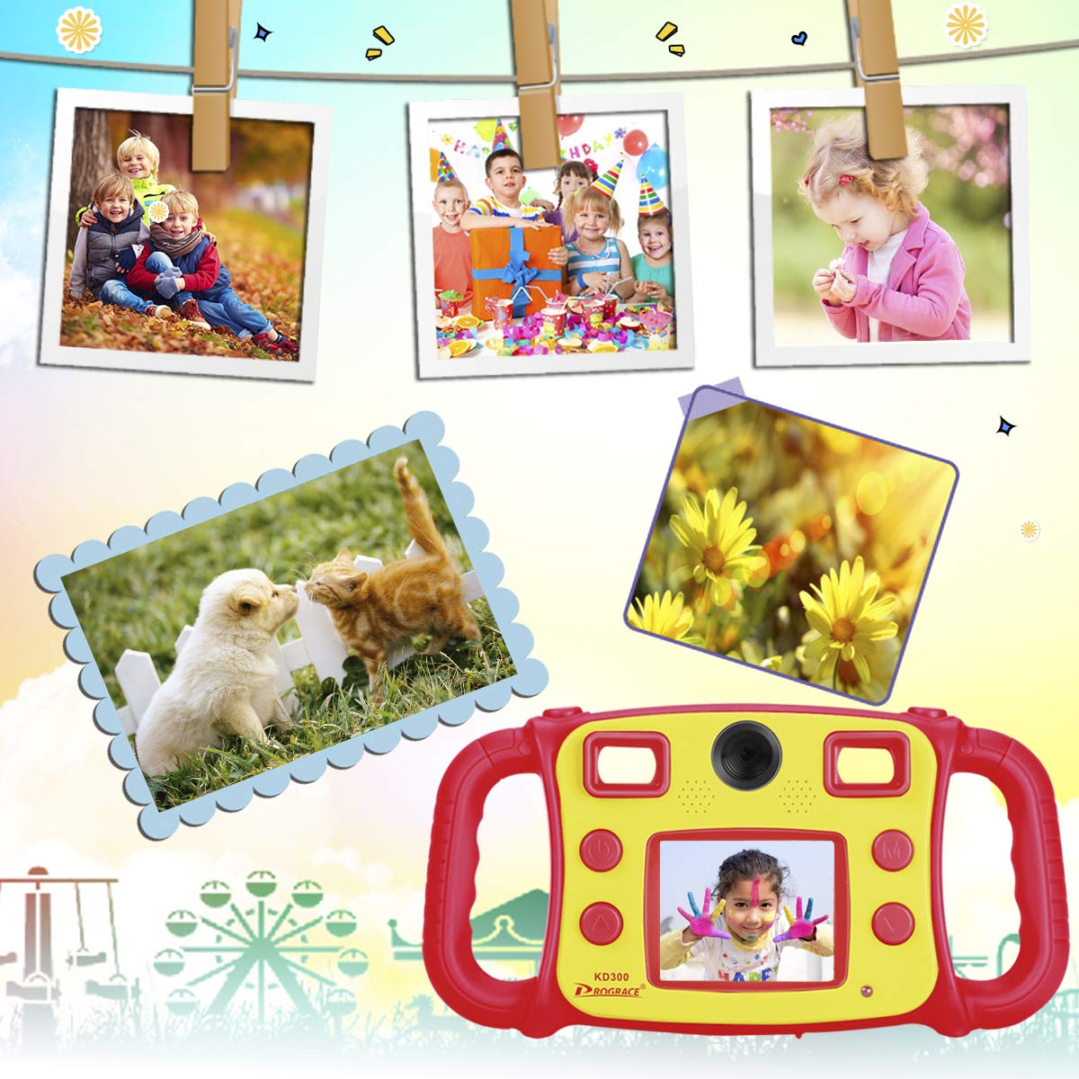 Prograce Kids Camera Dual Camera Selfie Digital Video Camera Camcorder for Boys Girls with 4X Digital Zoom, Flash Light and Funny Game（Red）