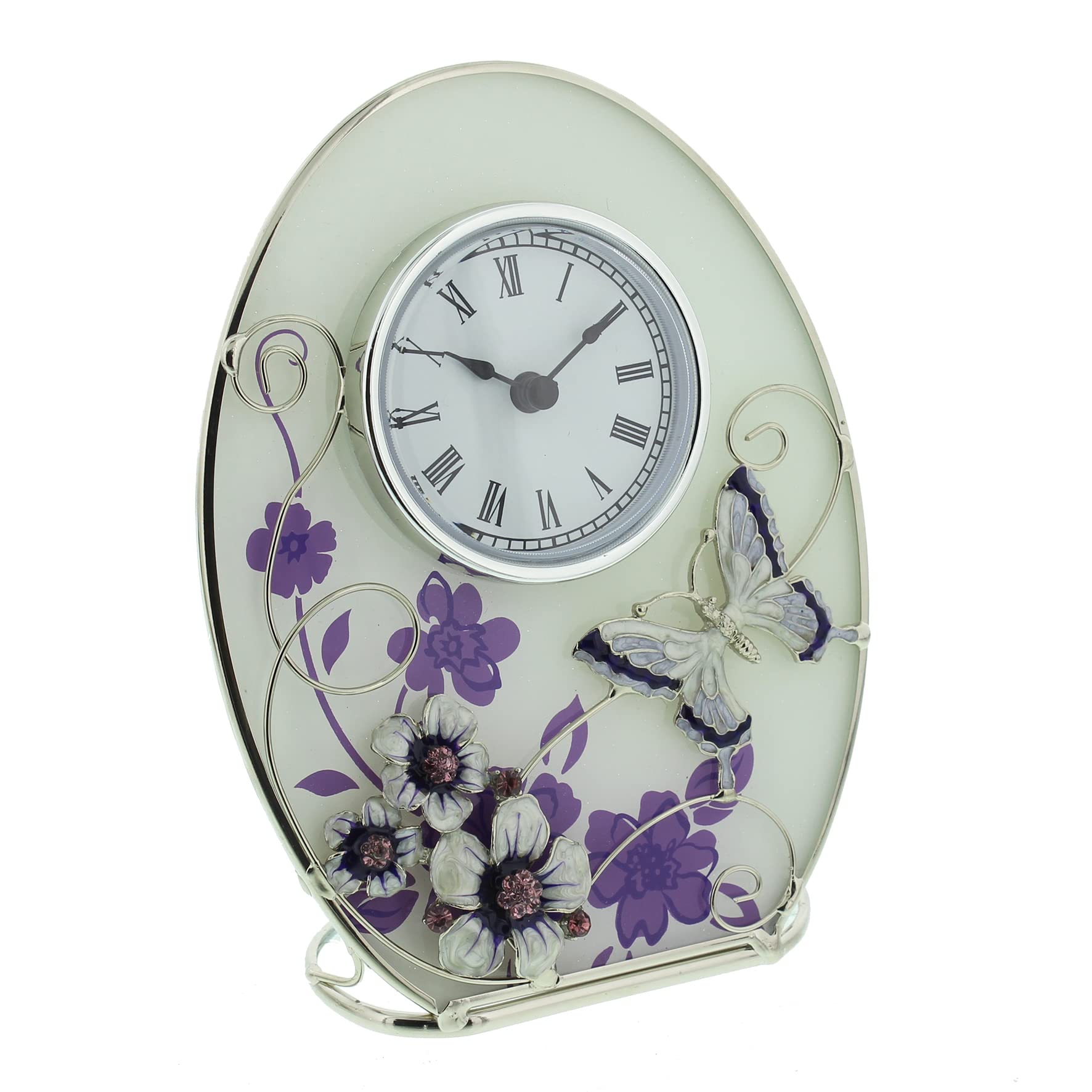 Beautiful 'Juliana,' oval, glass, clock decorated with purple flowers, crystals and a butterfly.