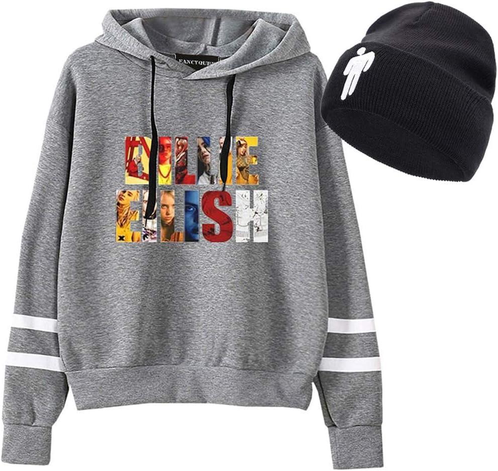 CREPUSCOLO Unisex Billie Eilish Hoodie with Beanie Knit Hat 2 Piece Set Stretchy Cap Long Sleeve Sweatshirt