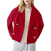 Korebow Womens Cropped Pea Coat Long Sleeve Notched Lapel Trench Overcoat Casual Double Breasted Jackets with Pockets