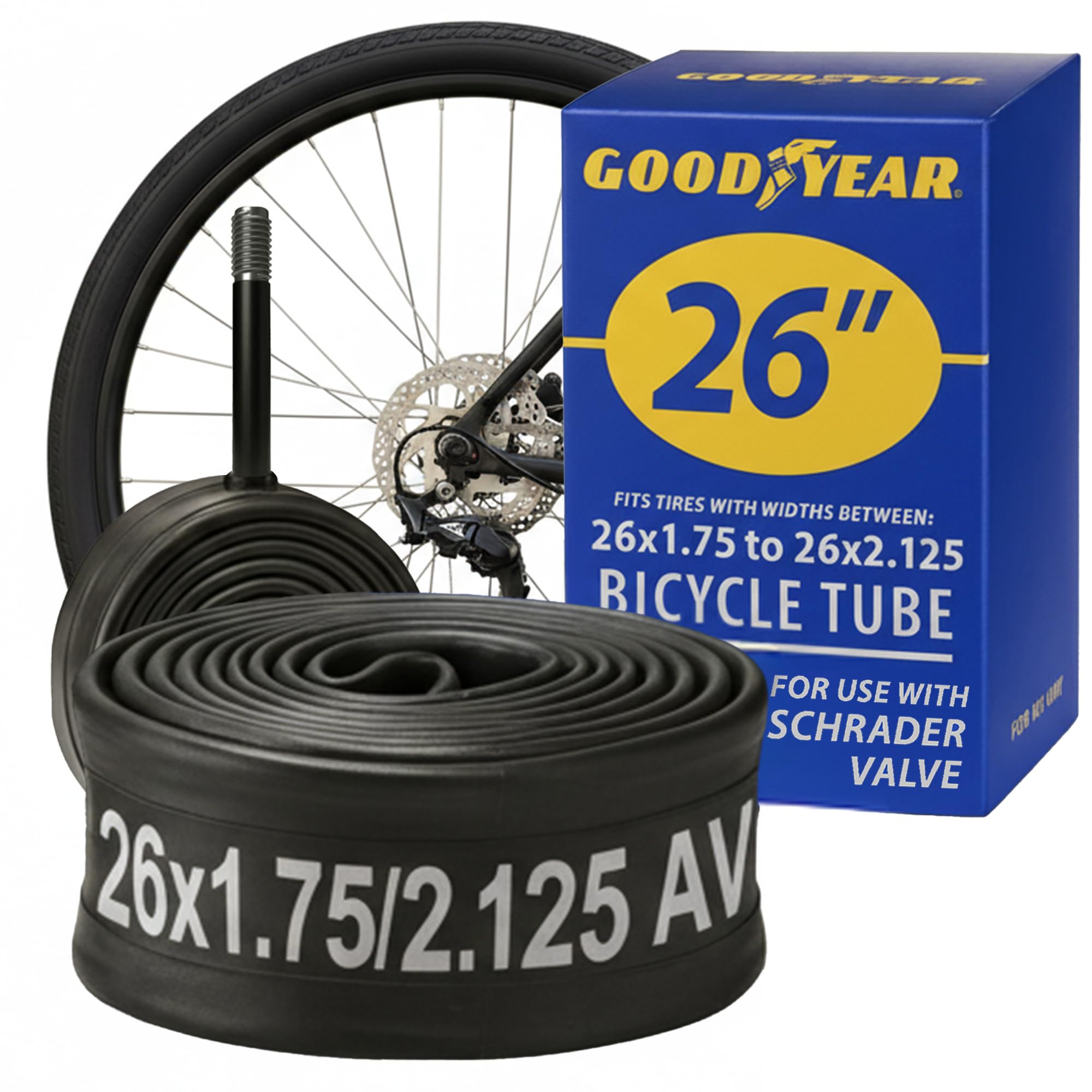 Photo 1 of ****2 PACK*****Goodyear Bicycle Inner Tube - Durable 26 Inch Bike Tube with Butyl Rubber - Schrader Valve for Quick Inflation - Easy Installation and Reliable Performance - 26 X 1.75/2.125