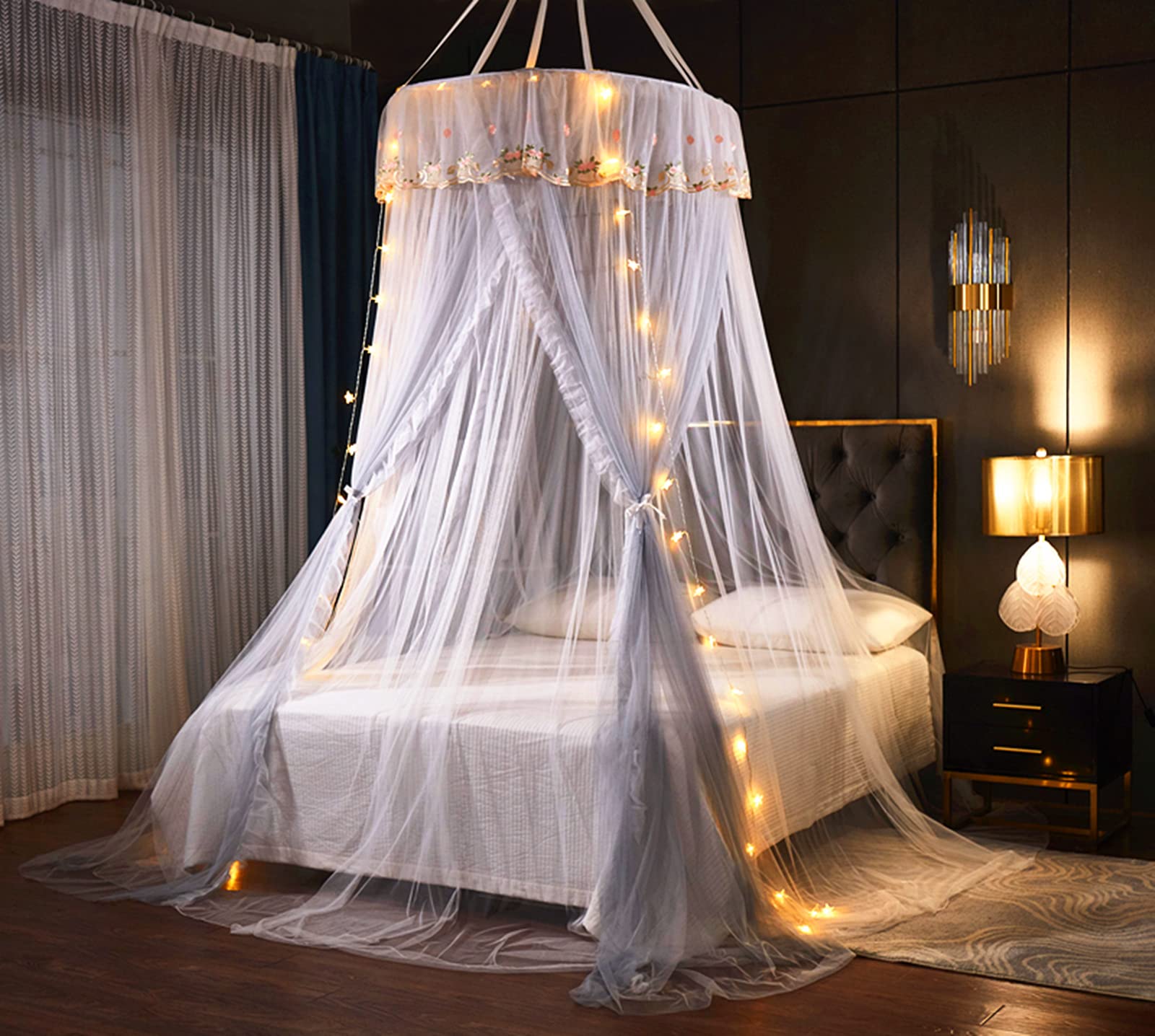 Photo 1 of VETHIN Princess Bed Canopy for Girls Double Layer Sheer Mesh Dome Elegant Embroidery Lace Mosquito Net Bed Curtain for Full Queen King Bed(Grey/White)
