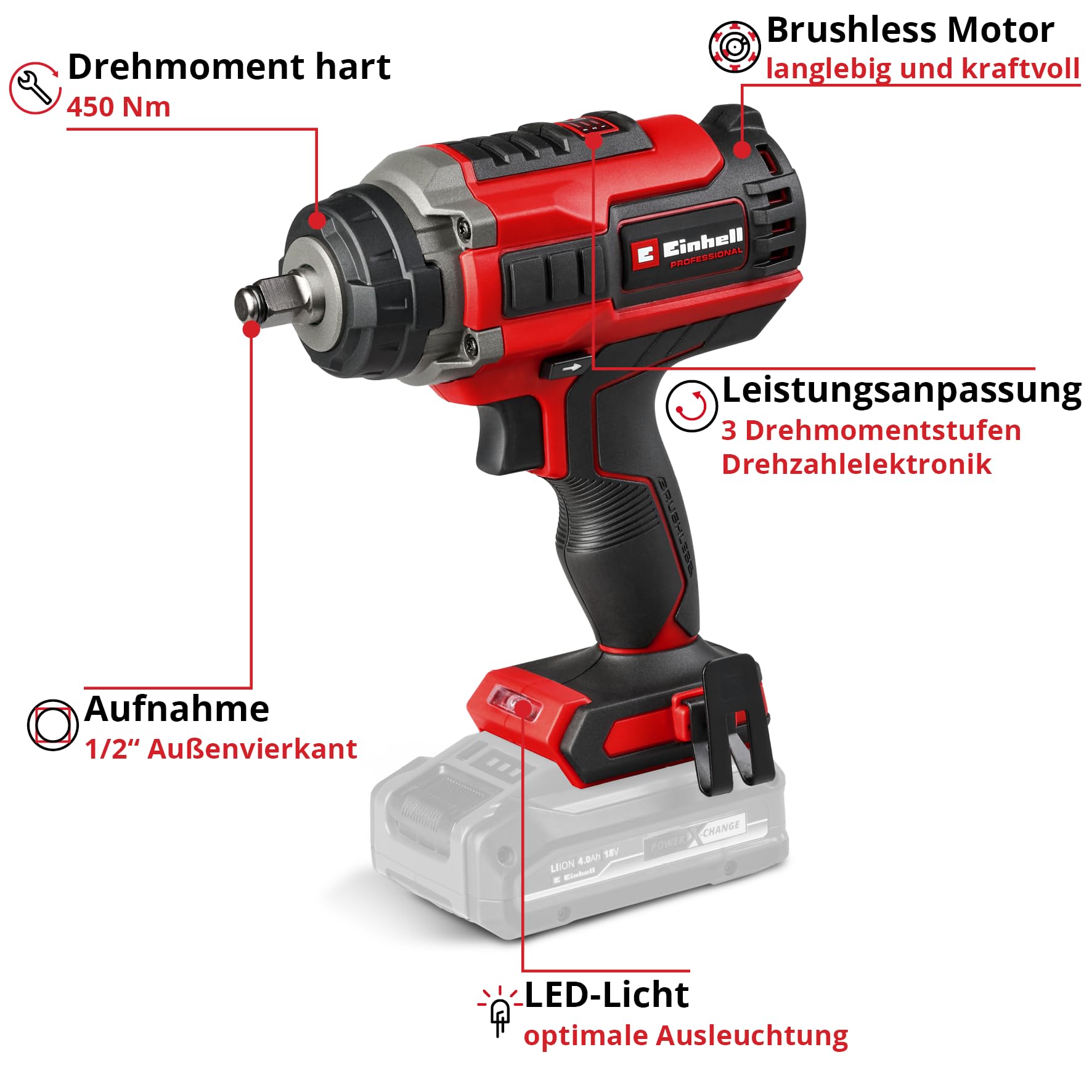 Einhell Professional Akku-Schlagschrauber IMPAXXO 18/450 Power X-Change (18 V, 450 Nm, 3 Leistungsstufen, Brushless, 1/2"-Aufnahme, inkl. Nuss-Set, ohne Akku) 3