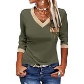 Dyexces Womens Long Sleeve T Shirts Casual V Neck Color Block Tunic Tops Loose Basic Top