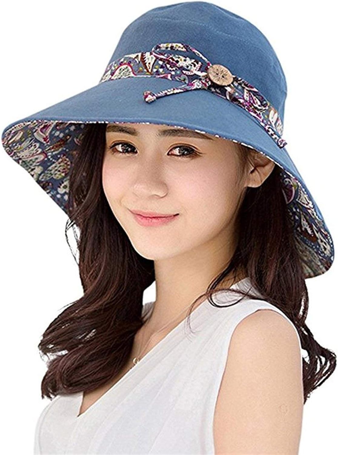 Aerobin Womens Sun Hat Summer Reversible UPF 50+ Beach Hat Foldable Wide Brim Cap Packable Blue