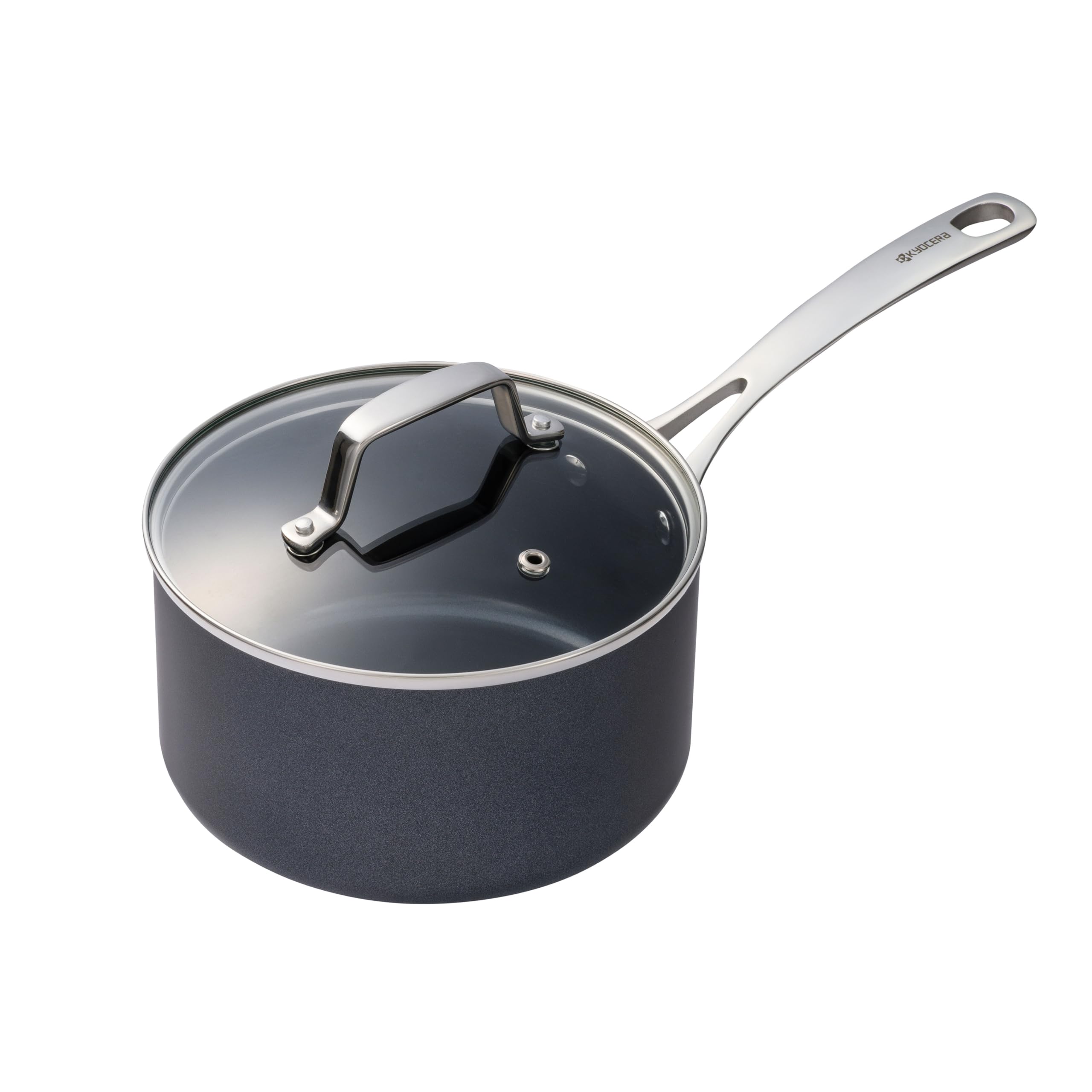 Kyocera Ceramic Saucepan with Ceramic Non-Stick Coating, 18 cm, PFAS/PTFE Free, Stainless Steel Handle, Suitable for All Hob Types, Includes Glass Lid, CSP-07, Charcoal