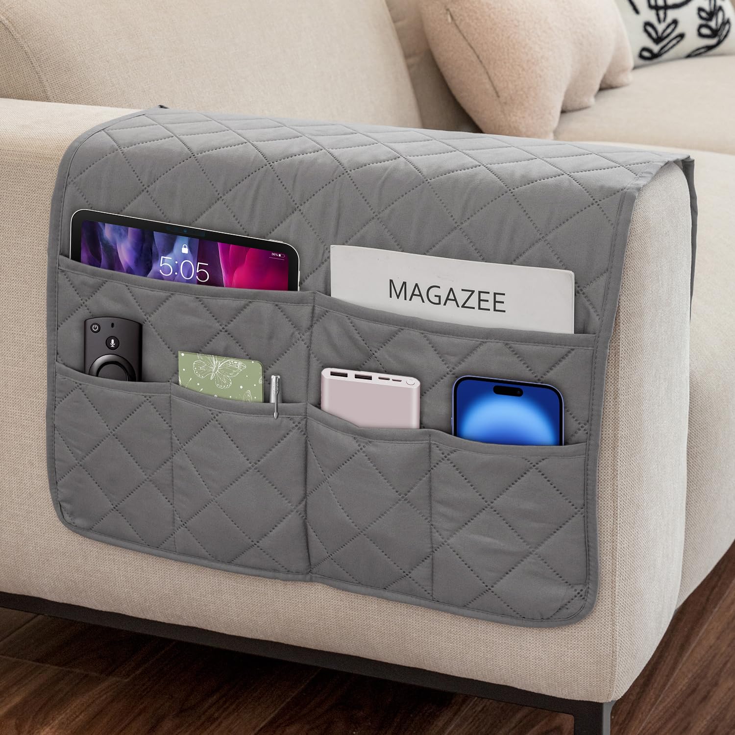 Photo 1 of DECKALY Remote Control Holder for Recliner Armchair Caddy Couch Armrest Organizer, Arm Chair Bedside Caddy Storage Organizer for Recliner Couch With 6 Pockets for Magazine, Tablet, Phone, iPad (Grey)