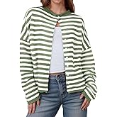 Saodimallsu Womens Striped Cardigan Casual Long Sleeve Open Front Button Down Loose Knit Lightweight Fall Sweaters