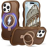 Amzfield for iPhone 14 Pro Case, Compatible with Magsafe with Invisible Magnetic Ring Stand Wavy Frame Cute Translucent Matte Hard Back Silicone Bumper Shockproof Phone Case Women Girls, Brown