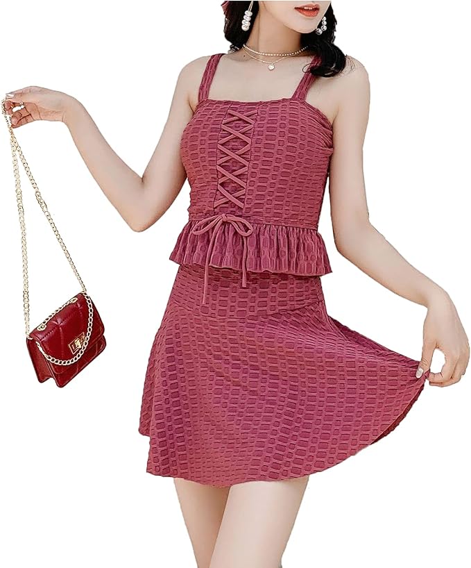 Amazon Sibky 水着 レディース セットアップ ビスチェ ワンピース 風 2点セット ビキニ フレア 体型カバー フリル かわいい ビキニ セパレーツ 通販