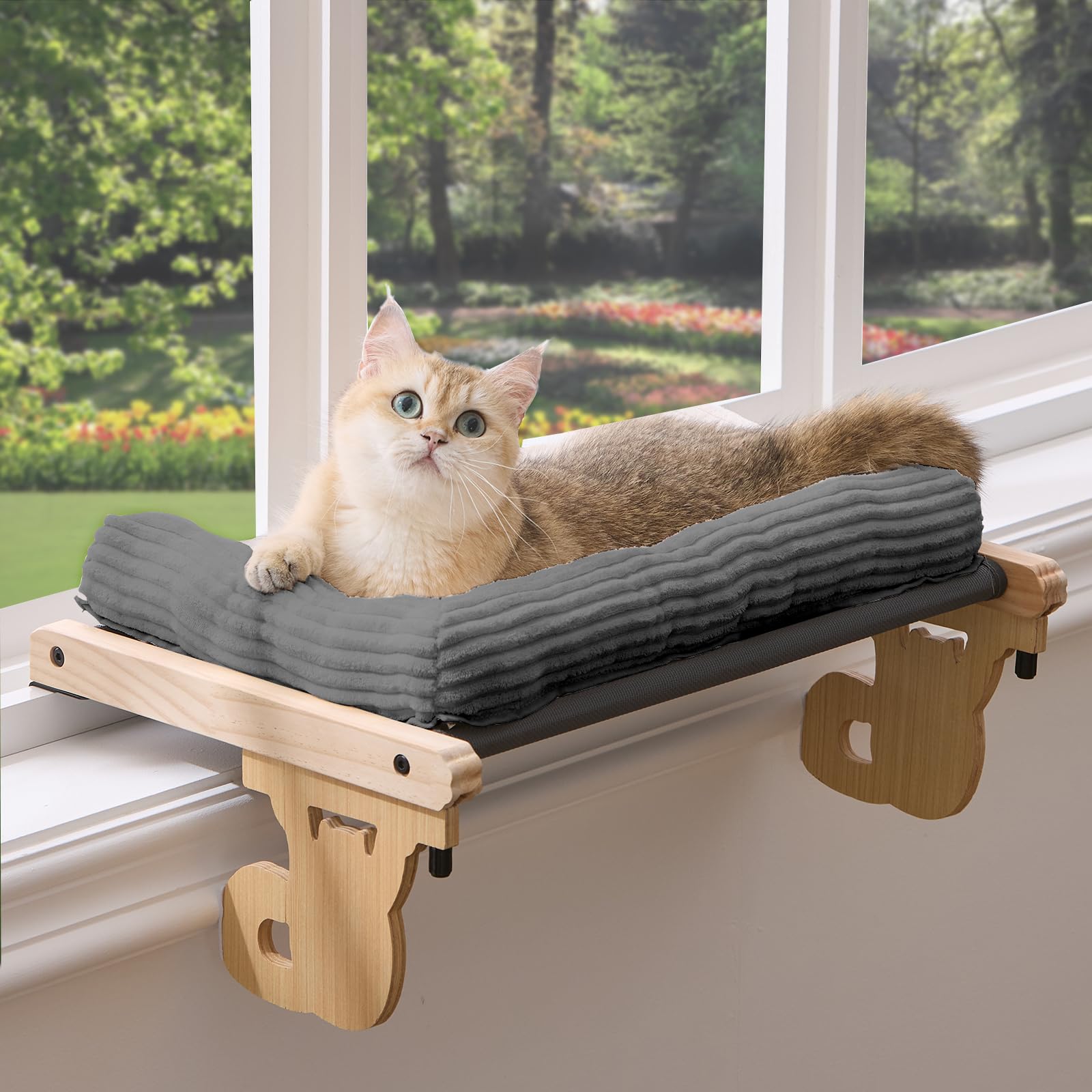 Photo 1 of Gardner Pet Cat Window Perch, 2 in 1 Cat Hammock Window Sill Seat with Cushion, Adjustable Cat Bed for Window sill, Wood & Metal Frame for Large Cats(Grey)