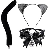 Yolyoo Black Cat Ears Headband and Tail Leather Bell Collar Set for Adult Women Girls Halloween Cosplay Party Supplies