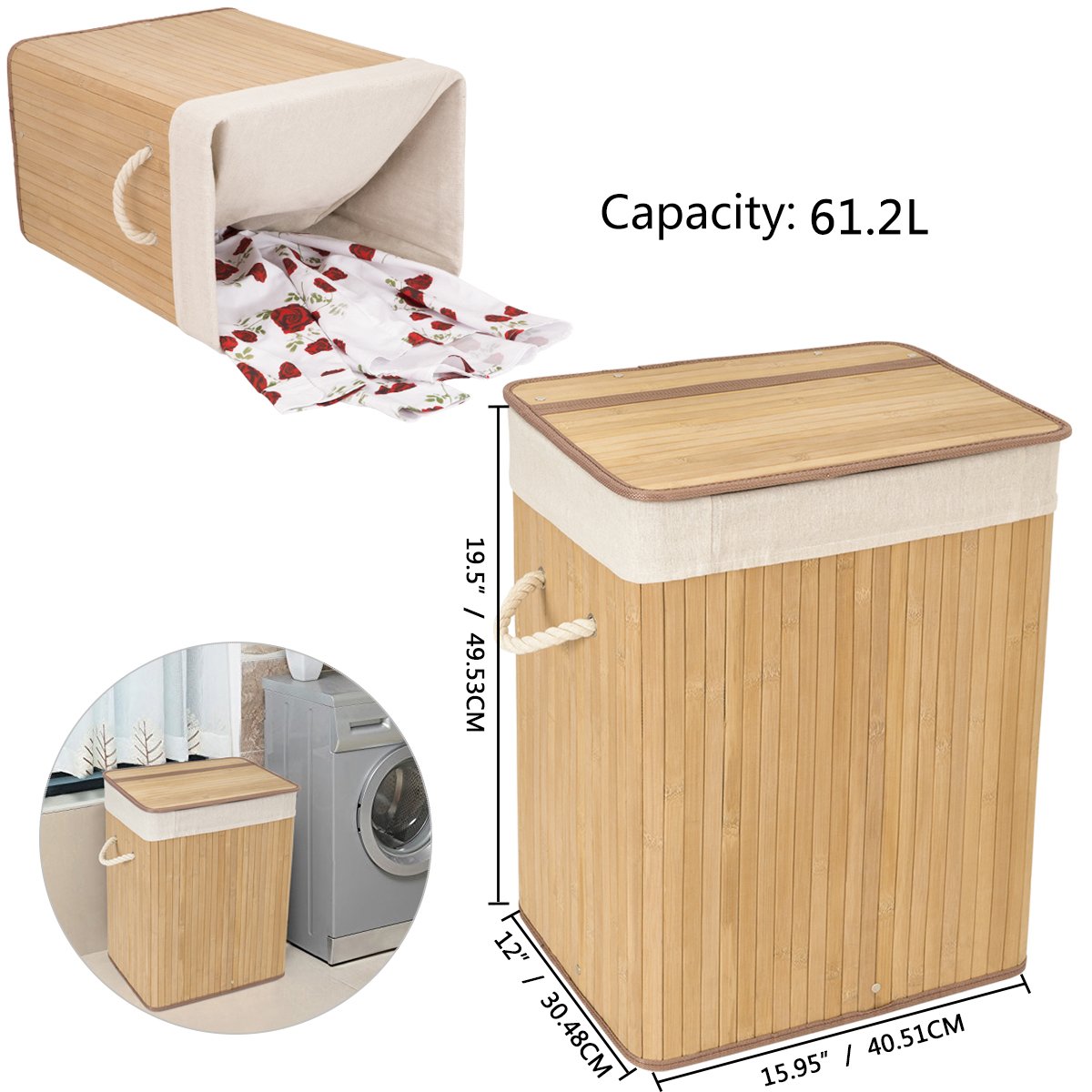 WOWLIVE Bamboo Laundry Hamper with Lid Handles Laundry Basket Dirty Clothes Laundry Hamper Sorter Rectangular Collapsible Organizer