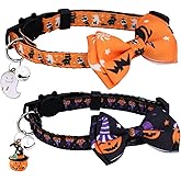 2pcs Halloween Cat Collar, Adjustable Cat Collar Bow Tie Breakaway Ghost Pumpkin Pattern Kitty Collar with Bell Decoration Ac
