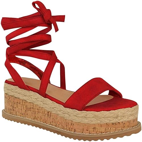 red lace up wedge sandals