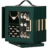 Homde Valentine's Day gifts Jewelry Box 360° Rotating, Necklace Earring Organizer with Transparent Window, Mirror, 7 Drawers, Large Ring Display Storage Case for Girls Women (Forest Green)