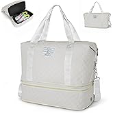 Geestock Weekender Bag with Shoe Compartment for Women, Expandable Overnight Duffle Bag, Carry On Personal Item Bag for Travel, Gym, Hospital, Included Storage Pouch & Adjustable Straps, White