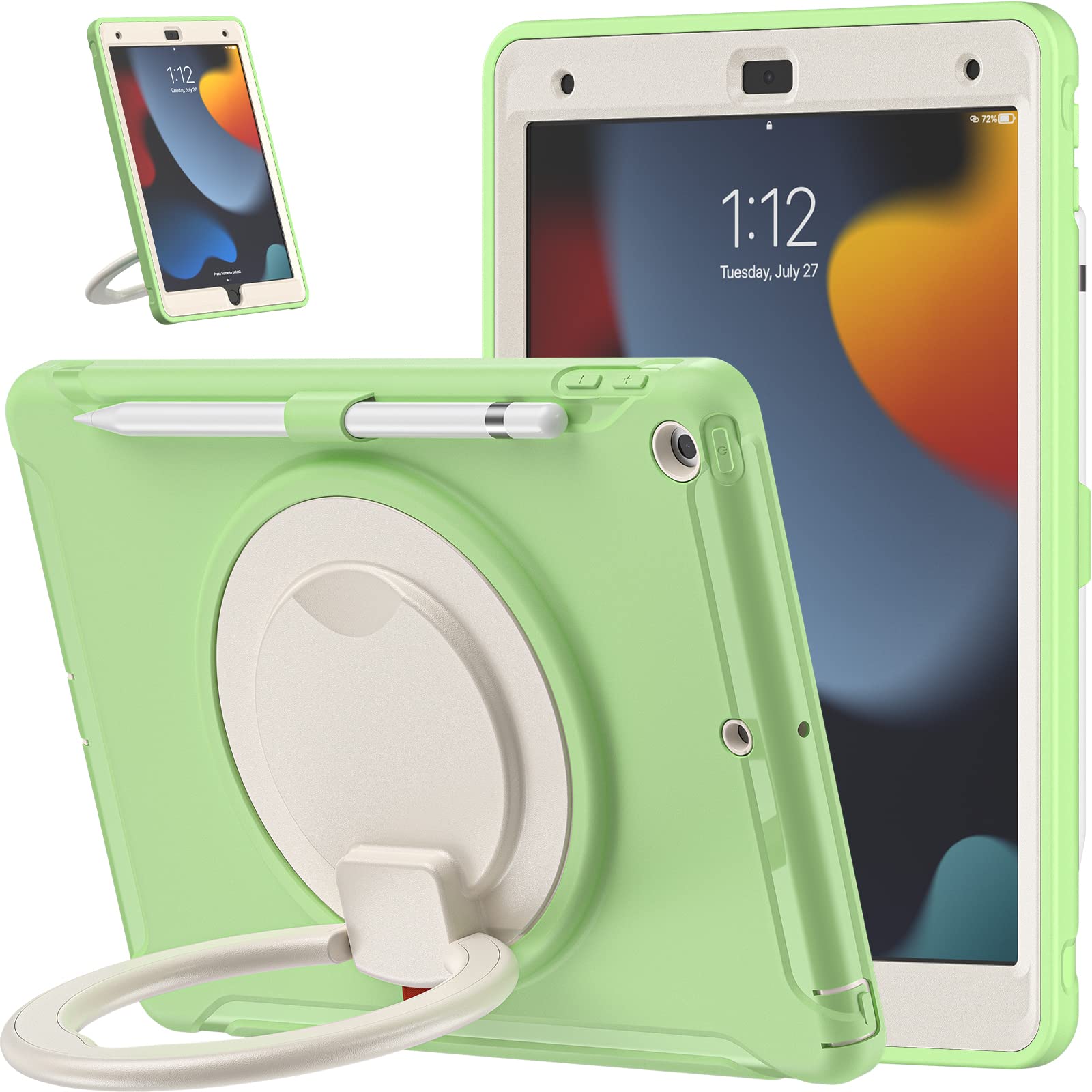 Visaccy Case for iPad 9/8/7 Generation 10.2 Inch, Slim Silicone TPU Bumper Shockproof Armor Case with Rotatable Stands, Pencil Holder, Matcha