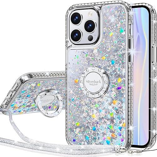 Silverback for iPhone 15 Pro Max Case, Moving Liquid Holographic Sparkle  Glitter Case with Kickstand, Girls Women Bling Diamond Ring Protective Case 