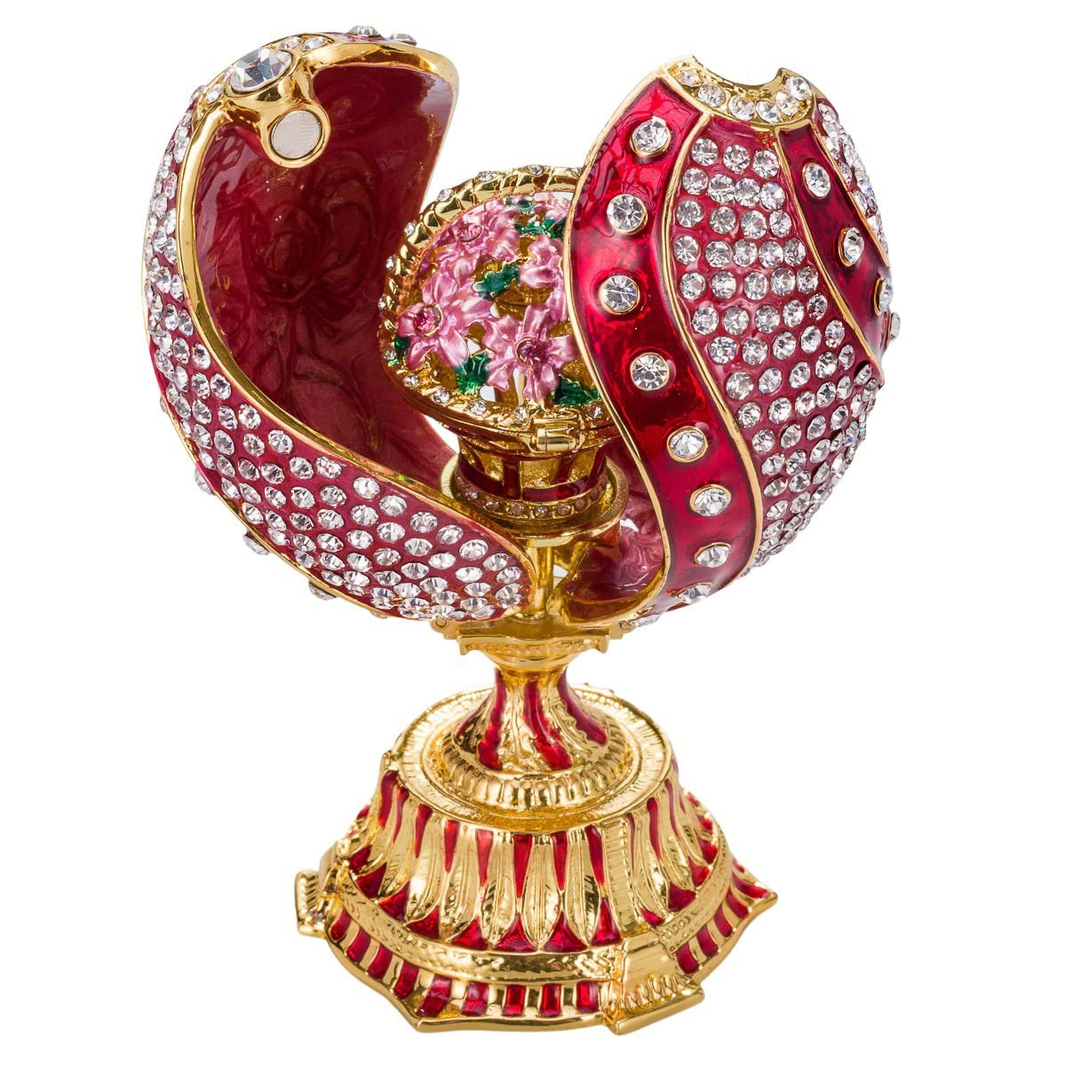 danila-souvenirs Glamorous Style Twisted Easter Egg Trinket Jewel Box with Basket of Flowers 12 cm red