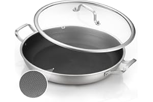 DELARLO Paella Pan 14 Inch Tri-Ply Stainless Steel Paella Pan with Lid Nonstick Frying Pan, Hybird Induction Large Skillets,G