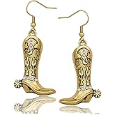 Western Cowgirl Boot Earrings, Women Cowboy Dangle Boot Earrings with Carved Cactus Boho Country Concerts Rodeo Cowboy Outfits Jewelry