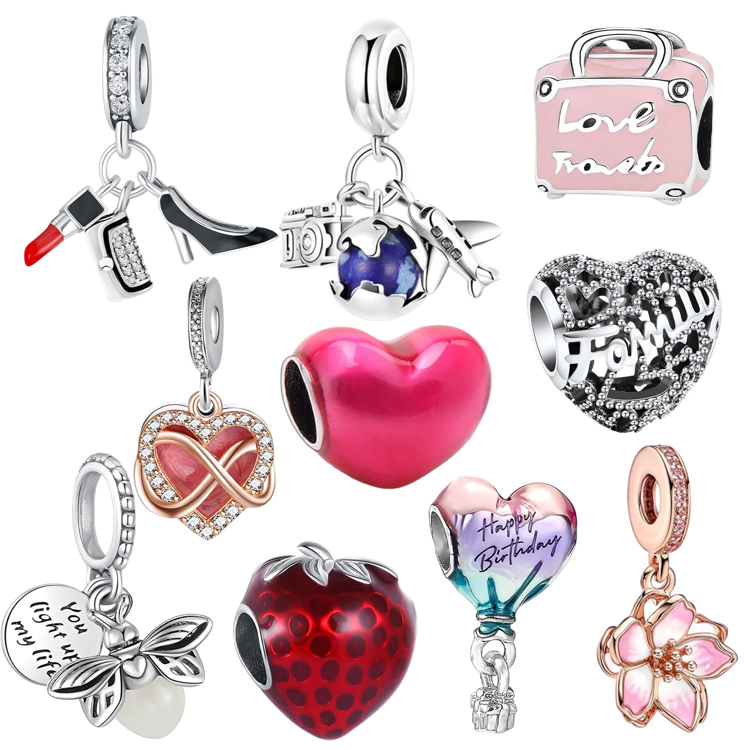 10 Pcs Sparking Silver Charms for Pandora Bracelet and Necklace - Cubic Zirconia Metal DIY Jewelry Making and Crafting