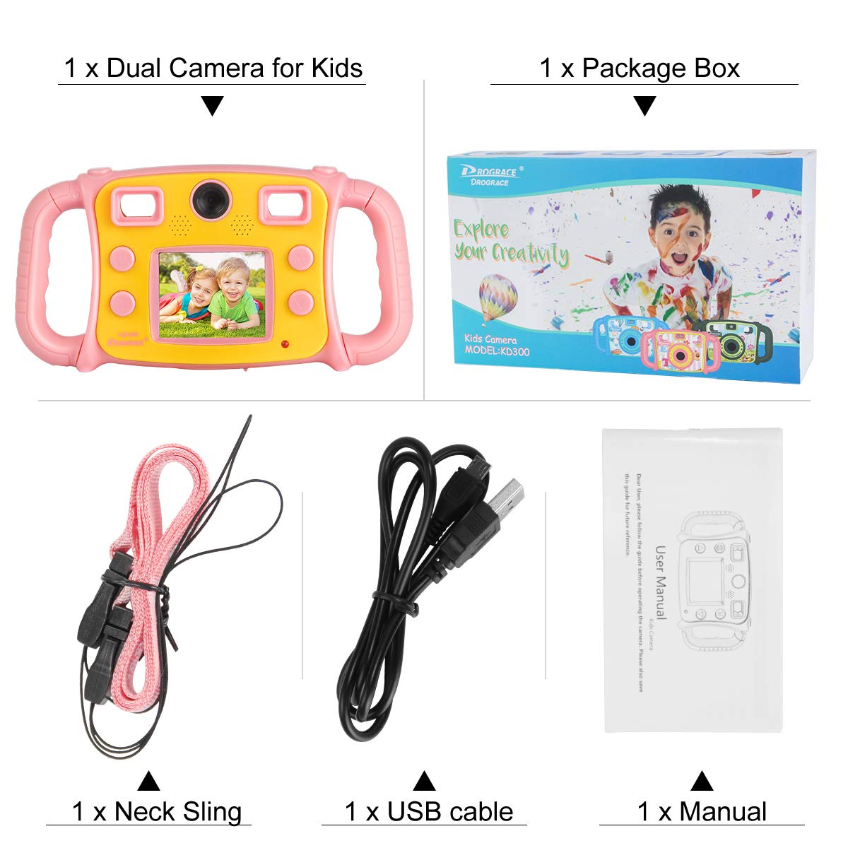 DROGRACE Kids Camera Dual Selfie Cameras 1080P HD Digital Video Camera Gift for Boys Girls Birthday Holidays with 4X Zoom, Flash, Built-in Microphone, Speaker and Drop-Resistant Handles – Pink